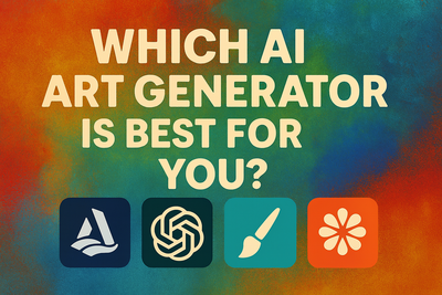 Feature blog image with the title "Which AI Art Generator Is Best For You?". It has a colourful painted background and AI art generator icons.