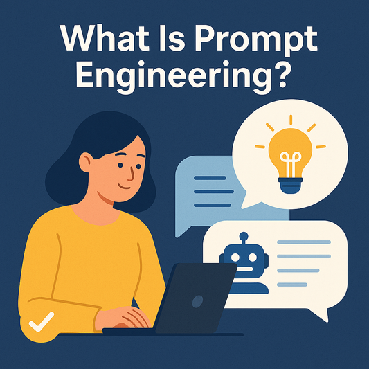Illustration of a woman using a laptop with the title "What Is Prompt Engineering?" above her, surrounded by speech bubbles showing a lightbulb and a robot icon, on a dark blue background.