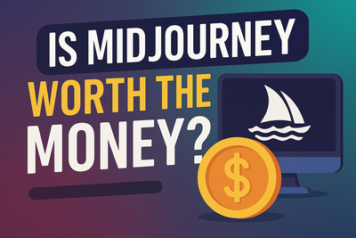 Bold blog graphic with the text “Is Midjourney Worth The Money?” beside a dollar sign money token and Midjourney logo, used as
