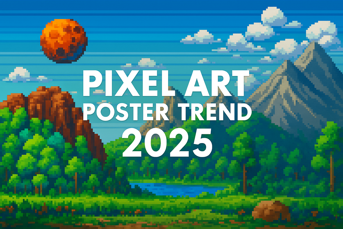 Pixel art landscape with mountains, forest and river, featuring bold text Pixel Art Poster Trend 2025 in white font.