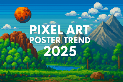Pixel art landscape with mountains, forest and river, featuring bold text Pixel Art Poster Trend 2025 in white font.