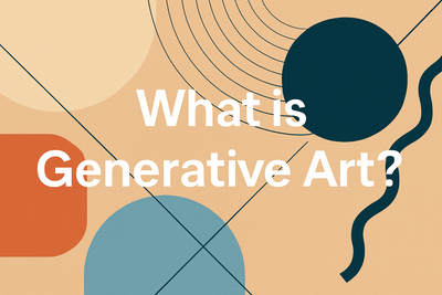 Abstract geometric featured image with text What is Generative Art, showing modern shapes and colours in navy, teal and beige