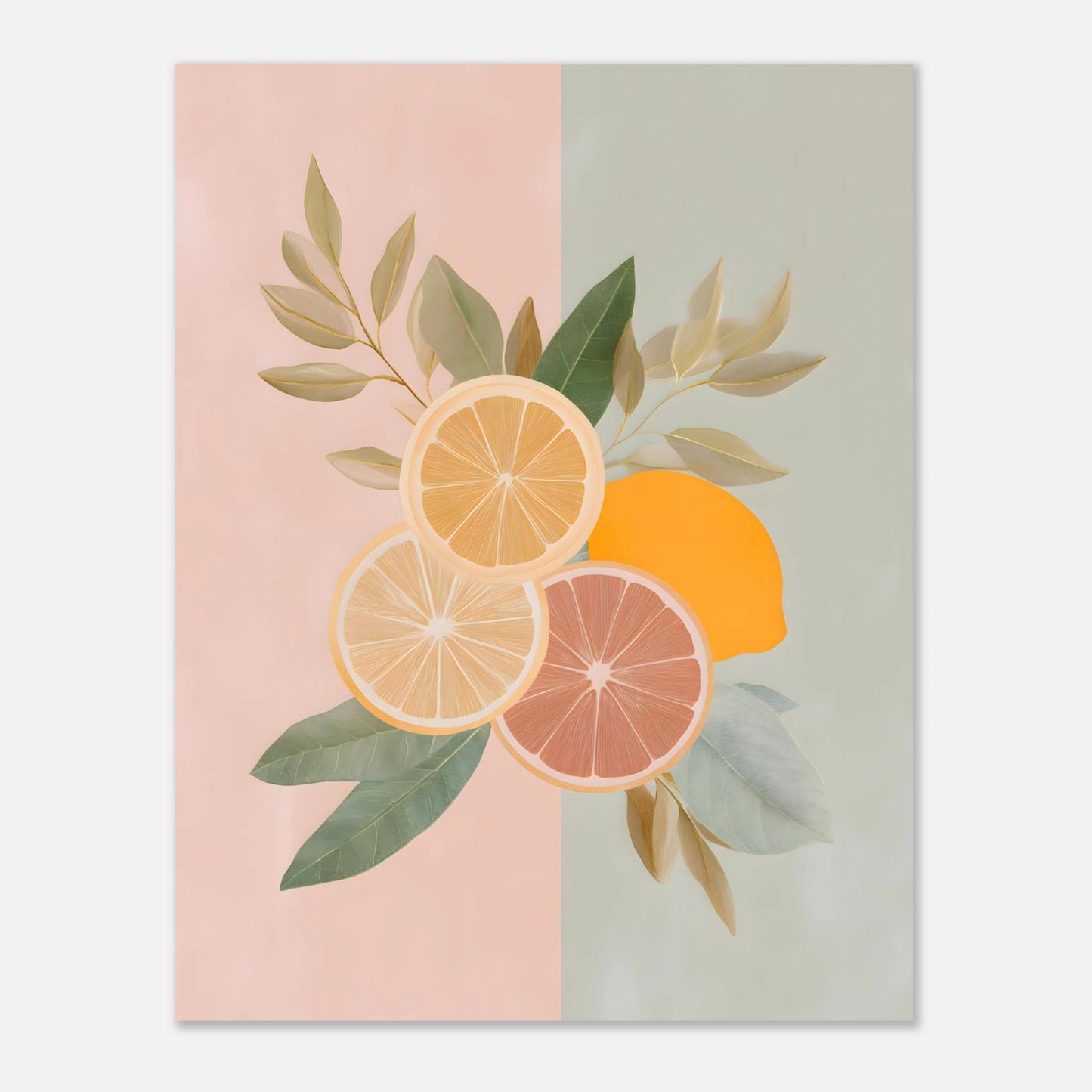 Mediterranean pastel lemon illustration 11x14 art print, medium pastel citrus wall art showing balanced crop for dining room display