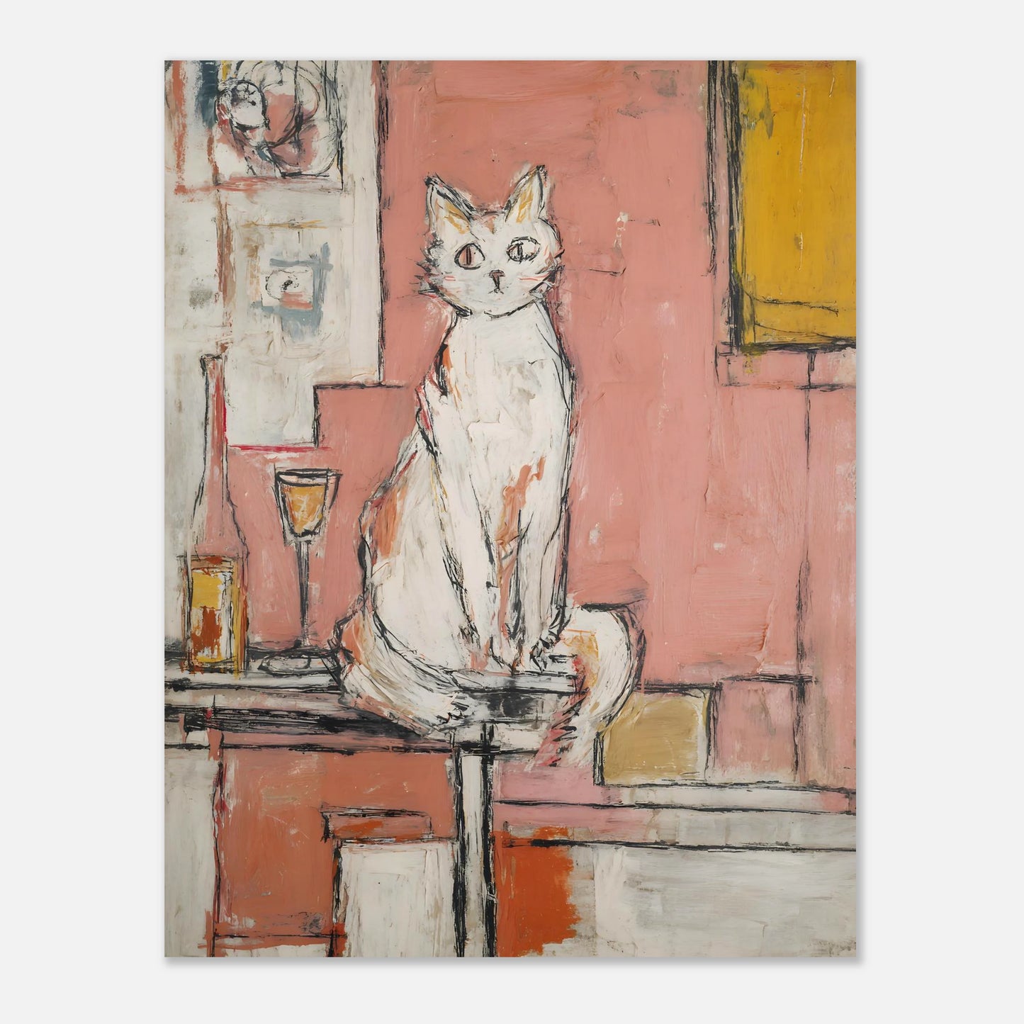Cat and wine abstract art print in 11x14 inch format, minimalist poster with warm pink tones