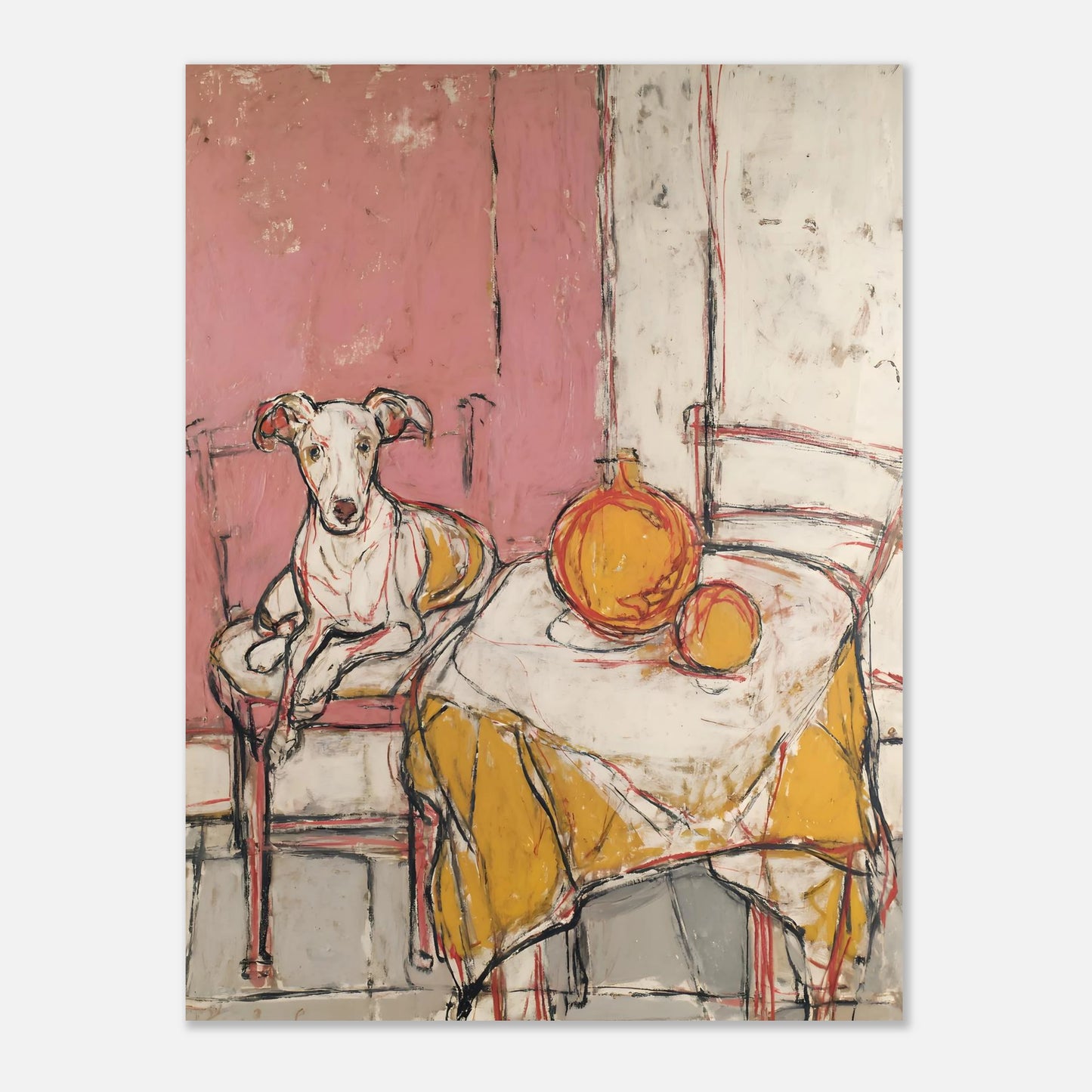 Whippet dog art print 12x16 inch version, balanced layout on plain background for framing guide.