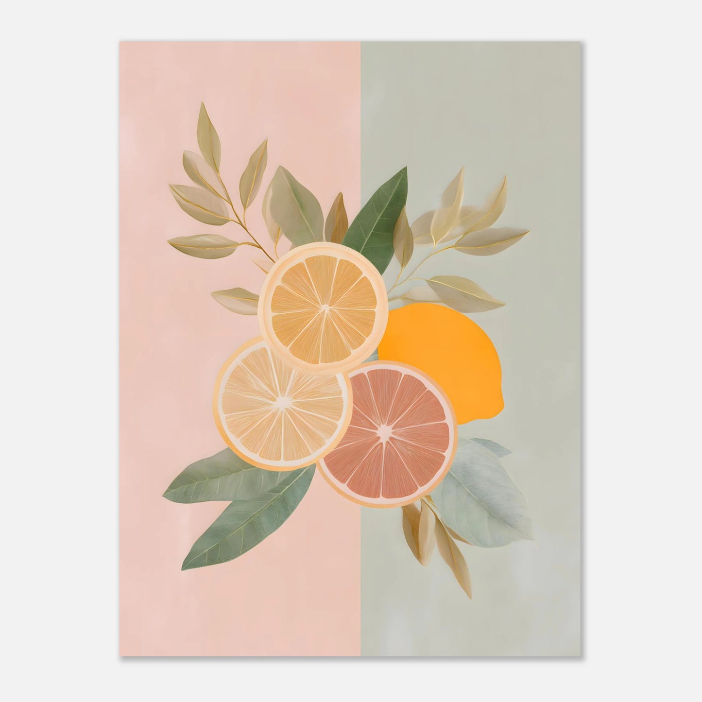 Mediterranean pastel lemon illustration 18x24 poster, pastel citrus wall art showing wide crop for large dining or living space
