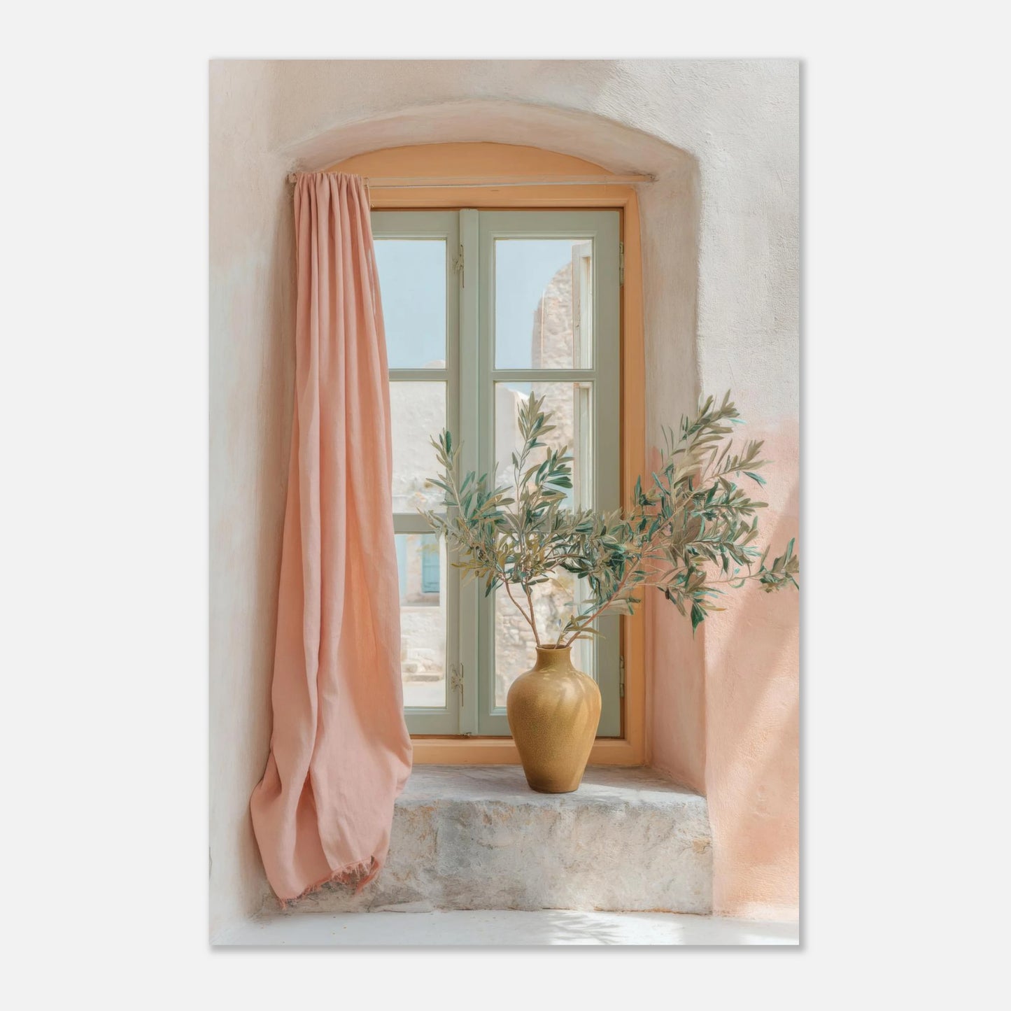 Extra-large Mediterranean window and olive vase poster 24x36 print, warm pastel tones for modern interiors