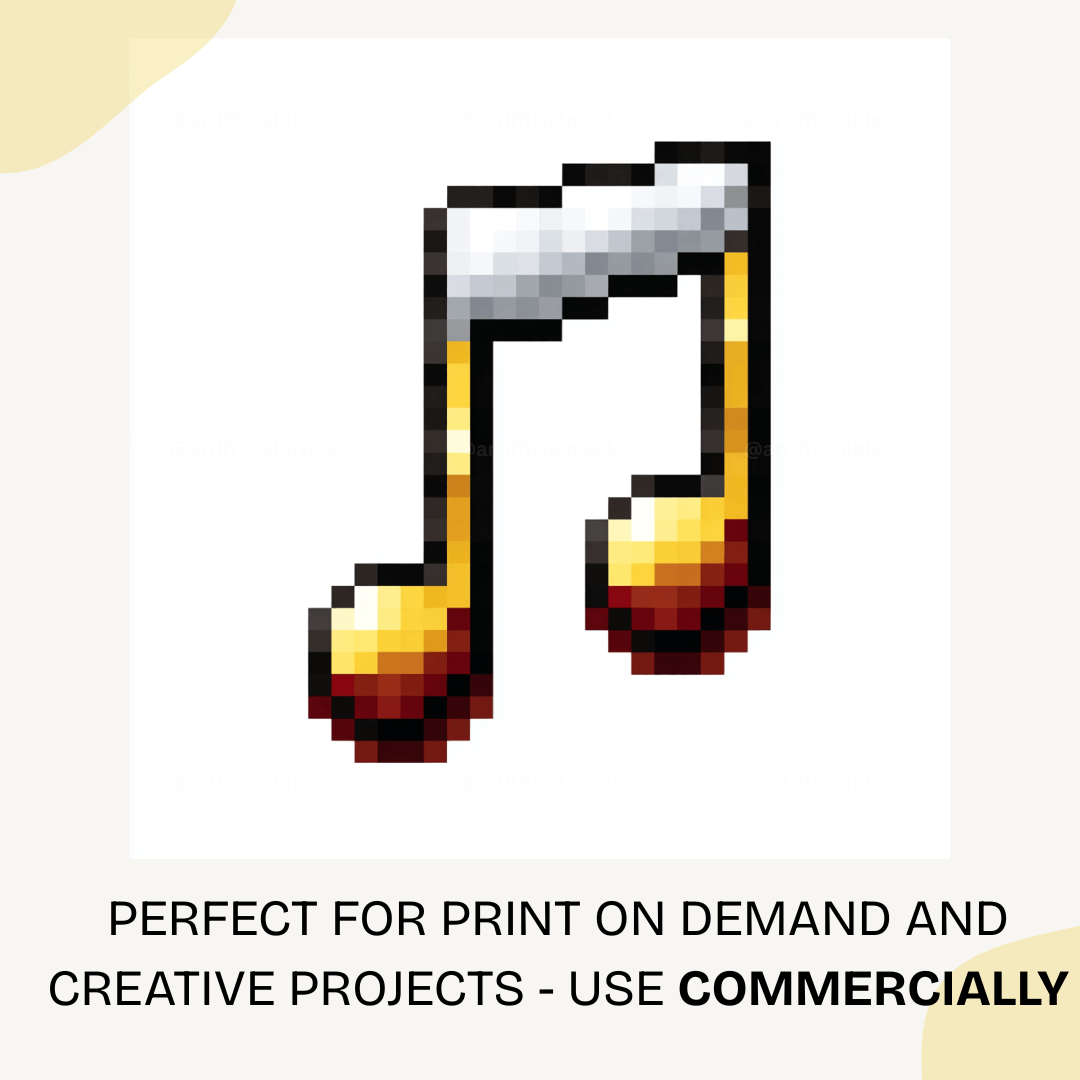Retro pixel art music note icon in classic 8-bit style generated with midjourney prompt for digital art and creative projects