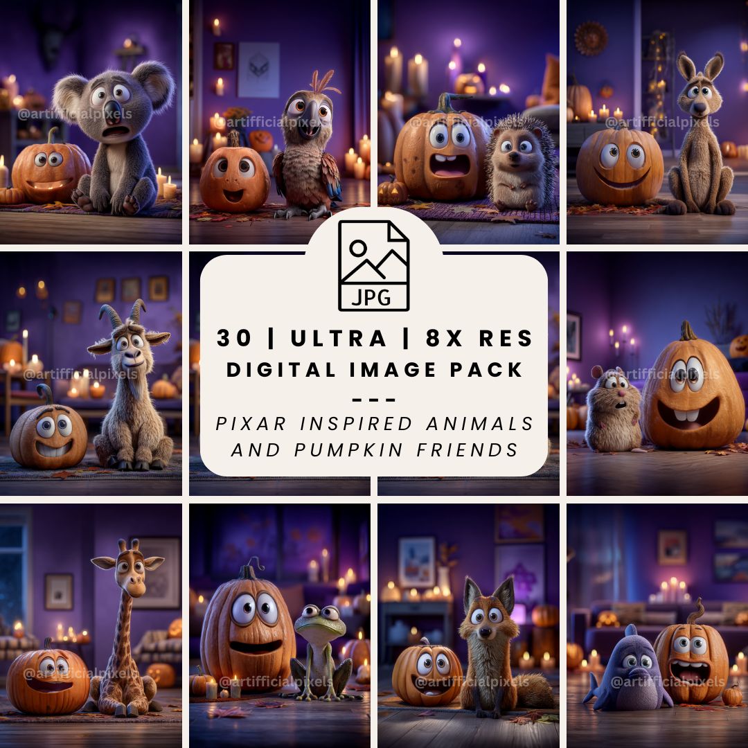 8K Pixar-style digital image bundle front cover showing whimsical animals and pumpkins for printable wall art and decor.