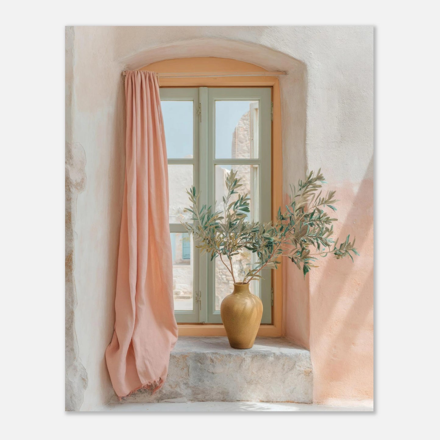 Mediterranean window with olive branch poster 8x10 size, pastel wall art sample on plain background