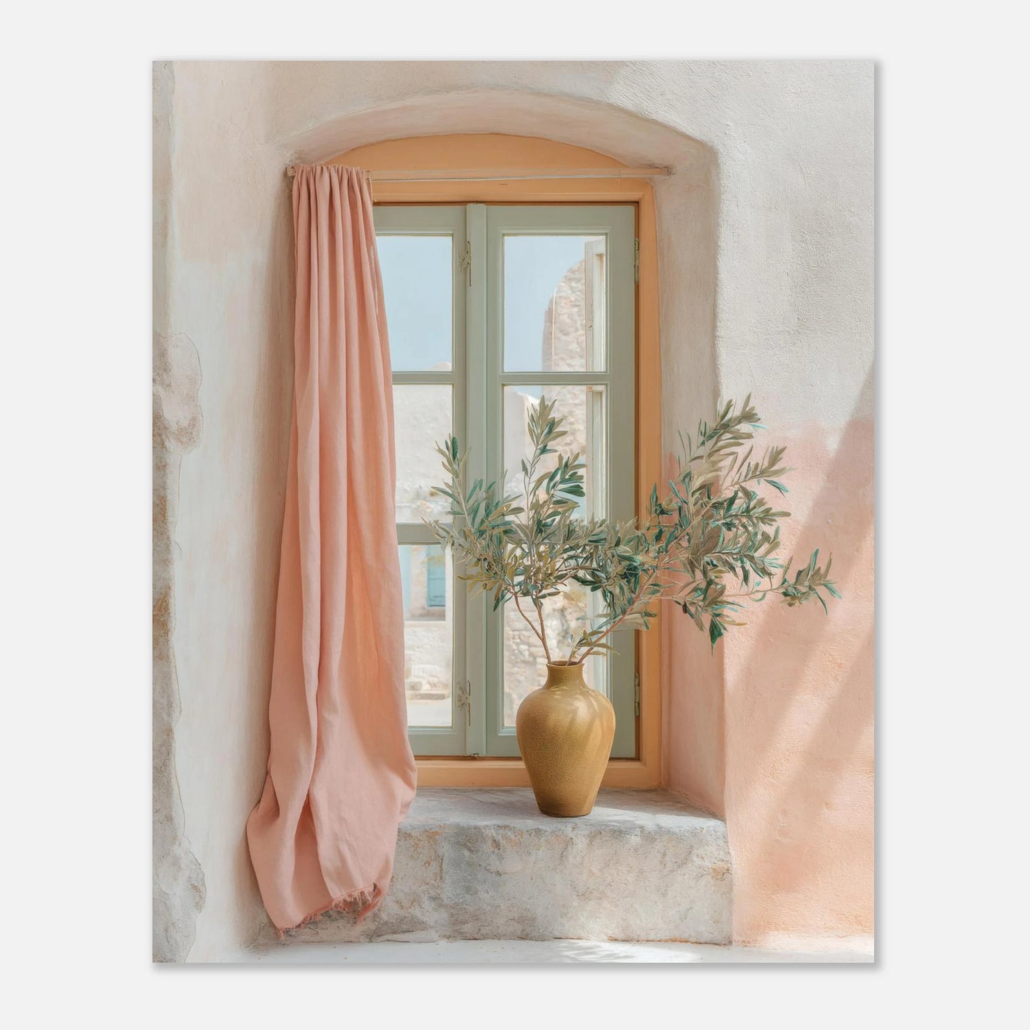 Mediterranean window with olive branch poster 8x10 size, pastel wall art sample on plain background