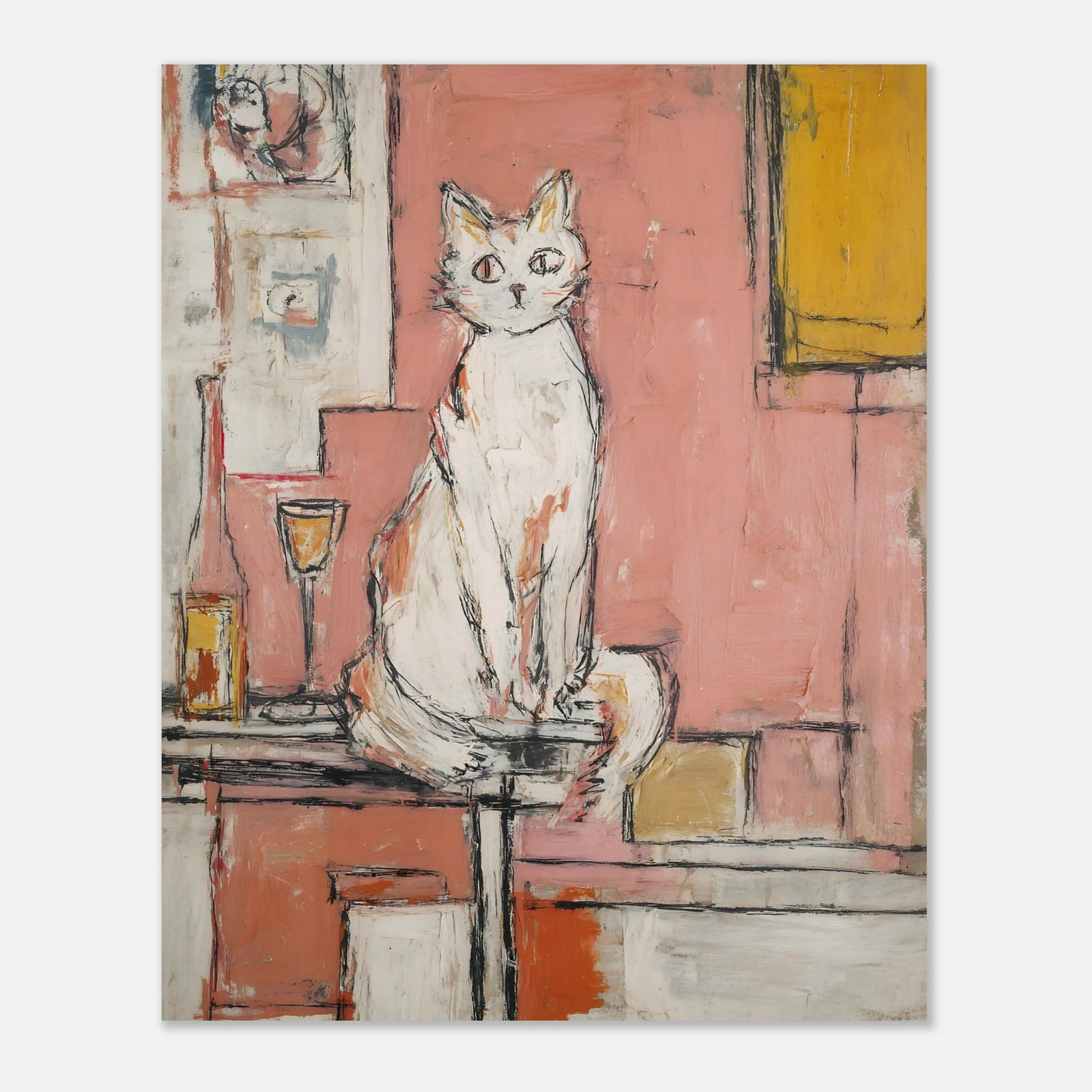 The Cat and the Wine poster in 8x10 inch size, modern abstract cat artwork on plain background