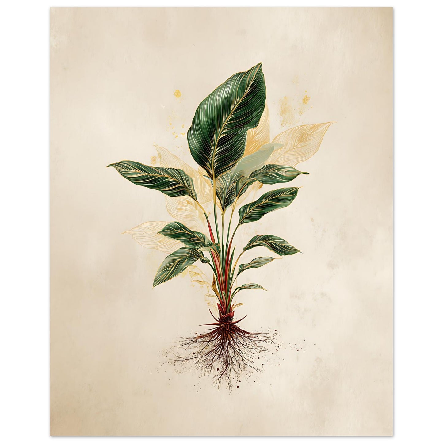 Botanical illustration of a plant with green leaves and roots on a beige background