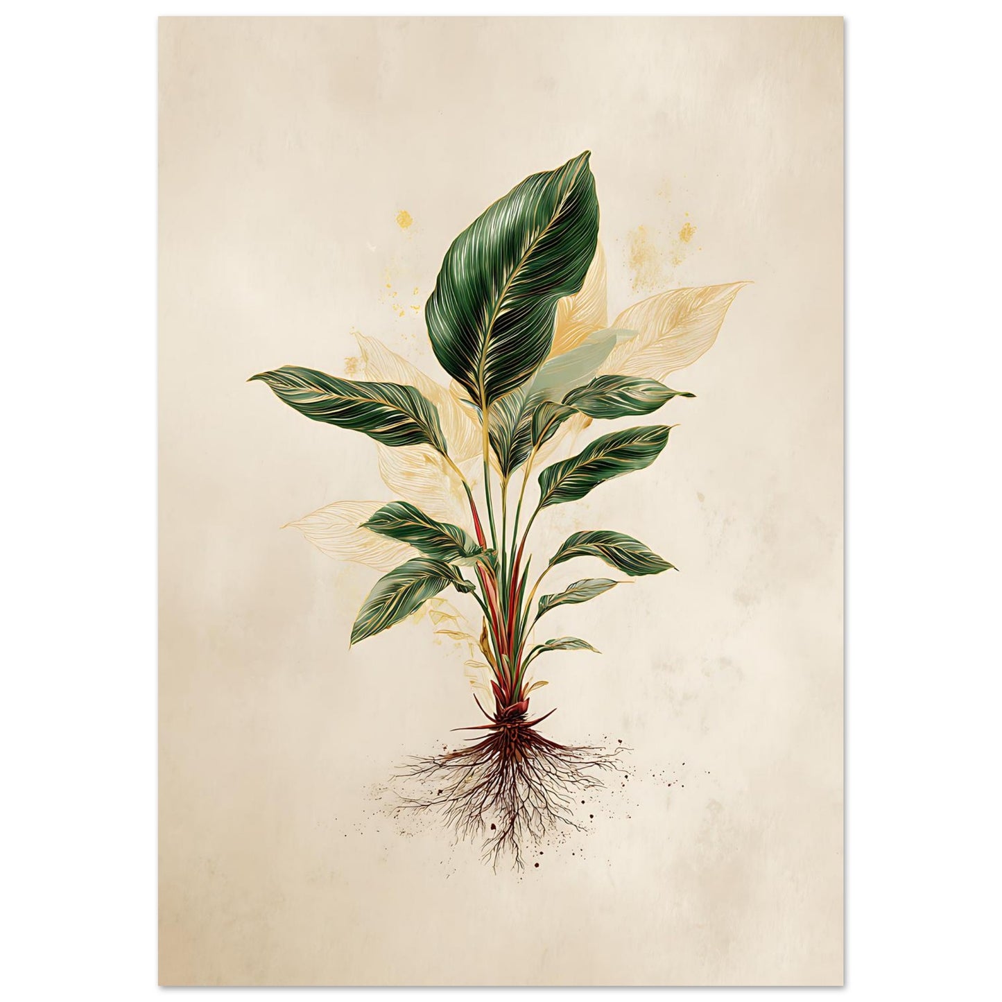 Botanical illustration of a plant with green leaves and roots on a beige background - variation 2