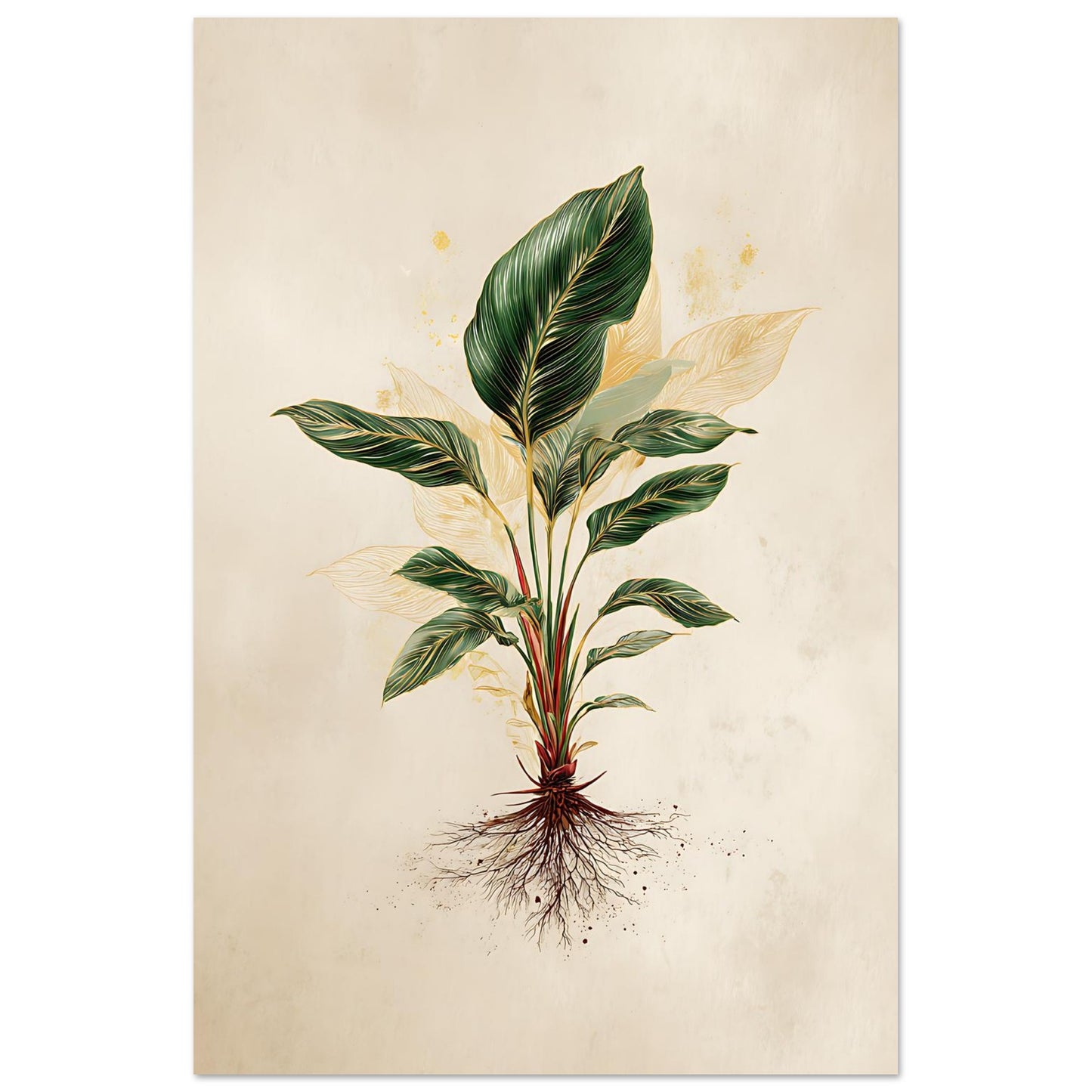 Botanical illustration of a plant with green leaves and roots on a beige background - variation 3