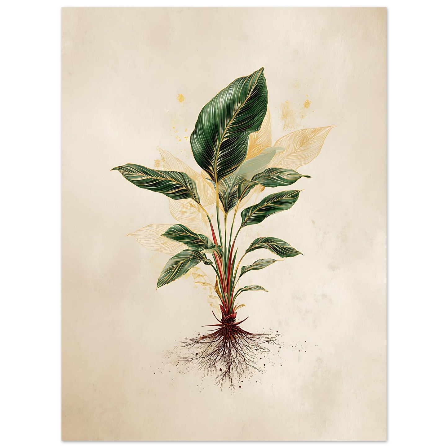 Botanical illustration of a plant with green leaves and roots on a beige background - variation 5