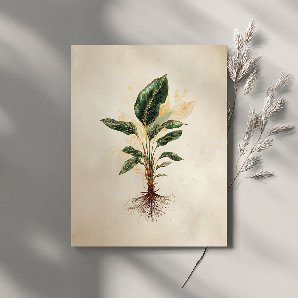 Calathea botanical poster with detailed root system illustration displayed on grey background