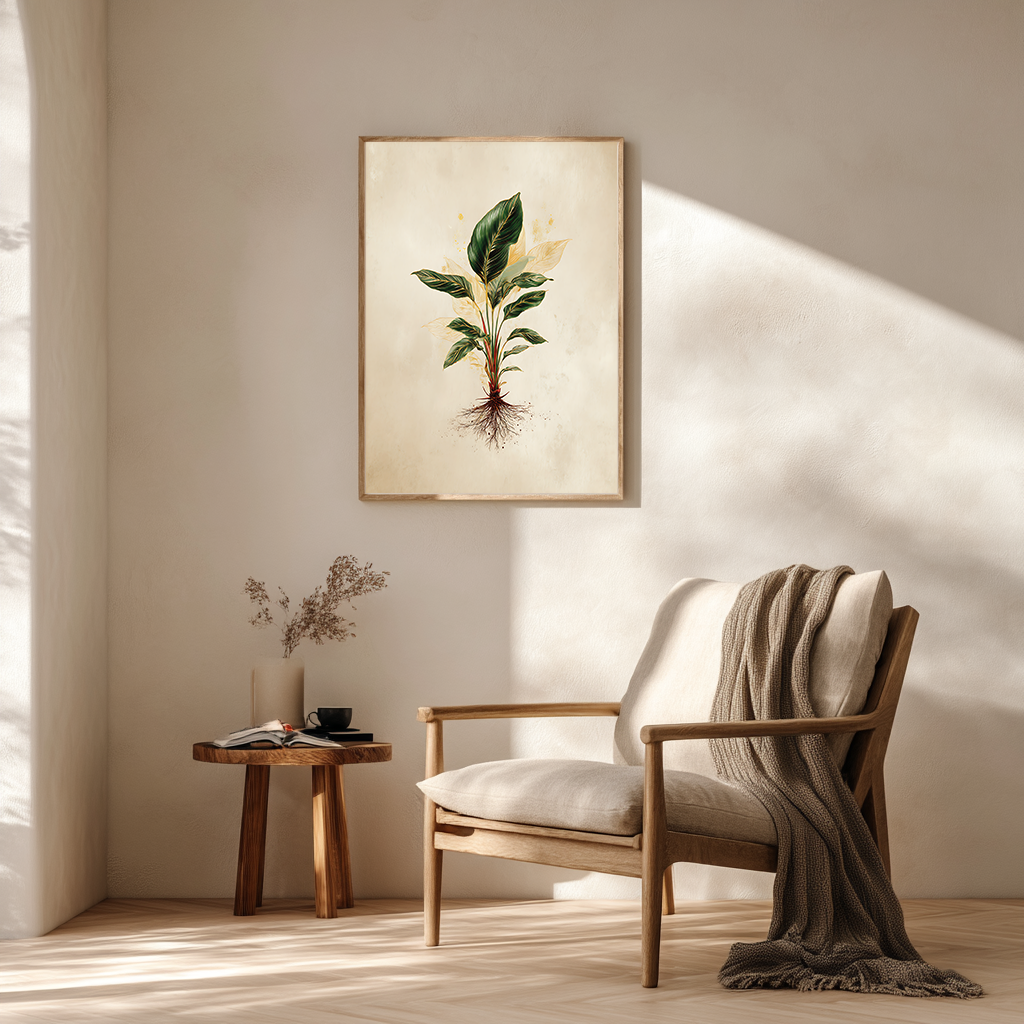 Botanical Calathea poster with root system detail in cozy reading nook interior