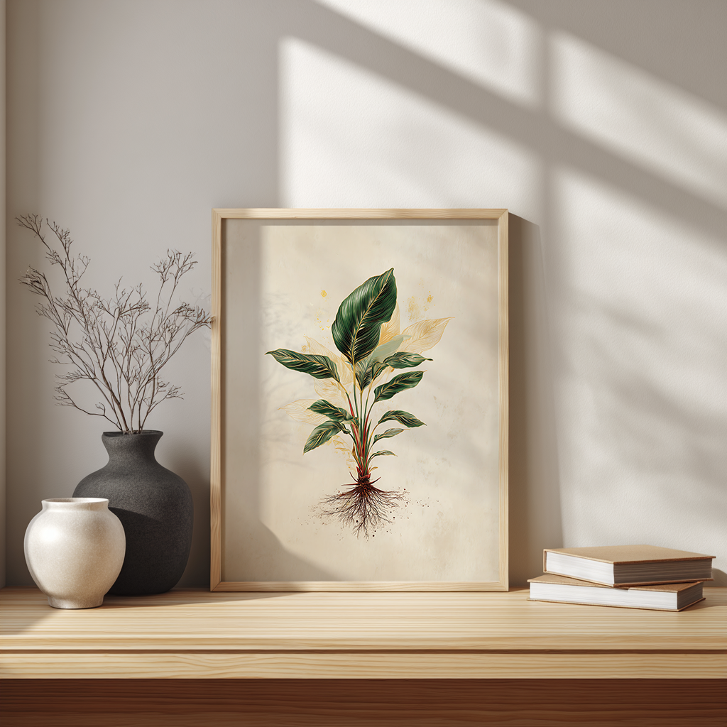 Calathea botanical illustration poster displayed on Scandinavian style desk workspace