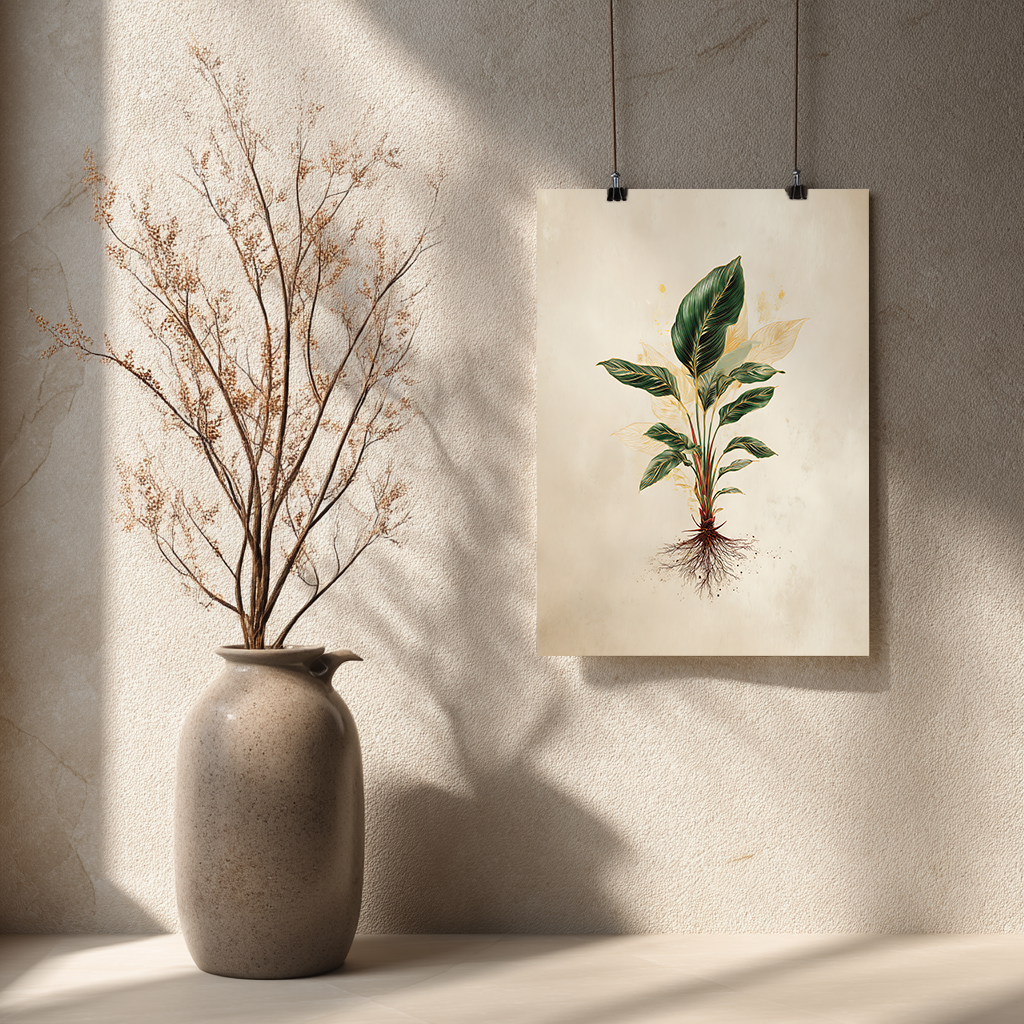Framed Calathea botanical print hanging on white wall in modern interior