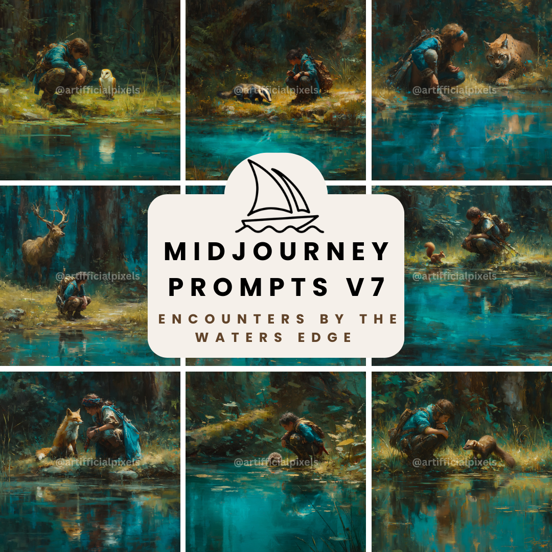 Forest Companions by the Water AI Art Prompts – Midjourney Pack with Images