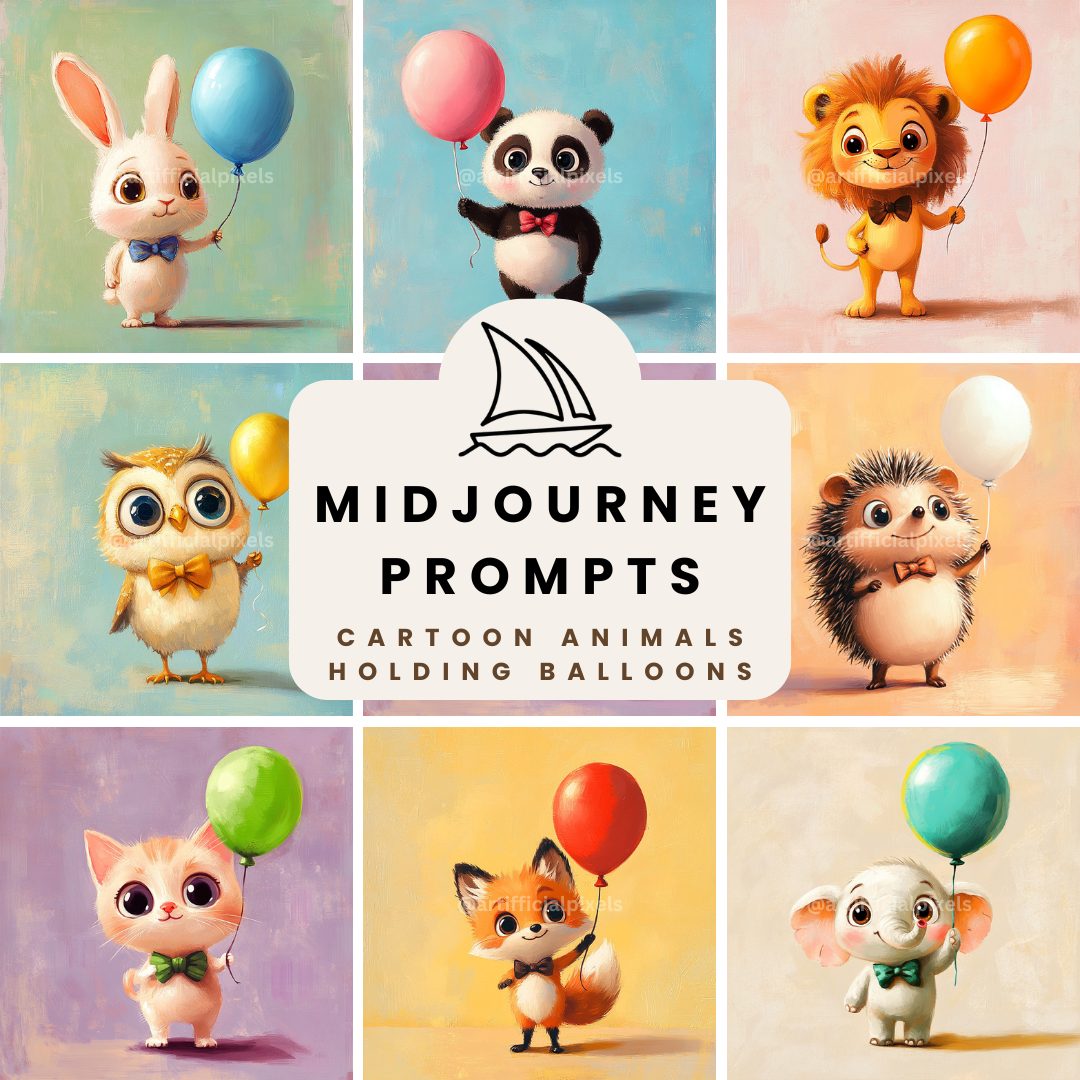 Midjourney Prompt Base Pack: Cartoon Style Animals Holding Balloons