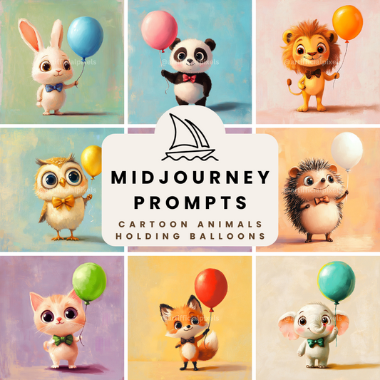 Midjourney Prompt Base Pack: Cartoon Style Animals Holding Balloons