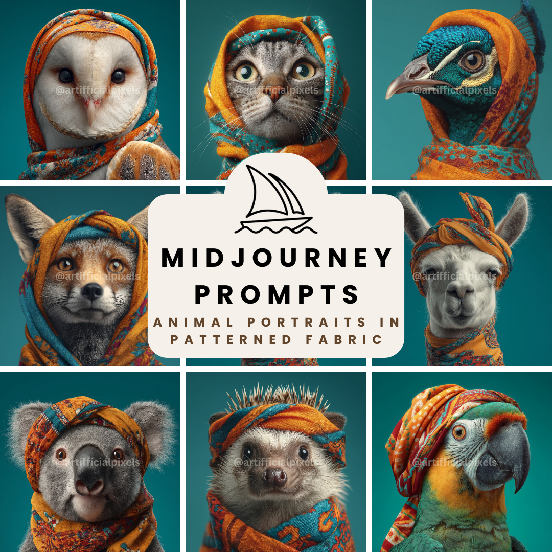 Animal Portraits in Colourful Scarves AI Art Prompts – Midjourney Pack with Images