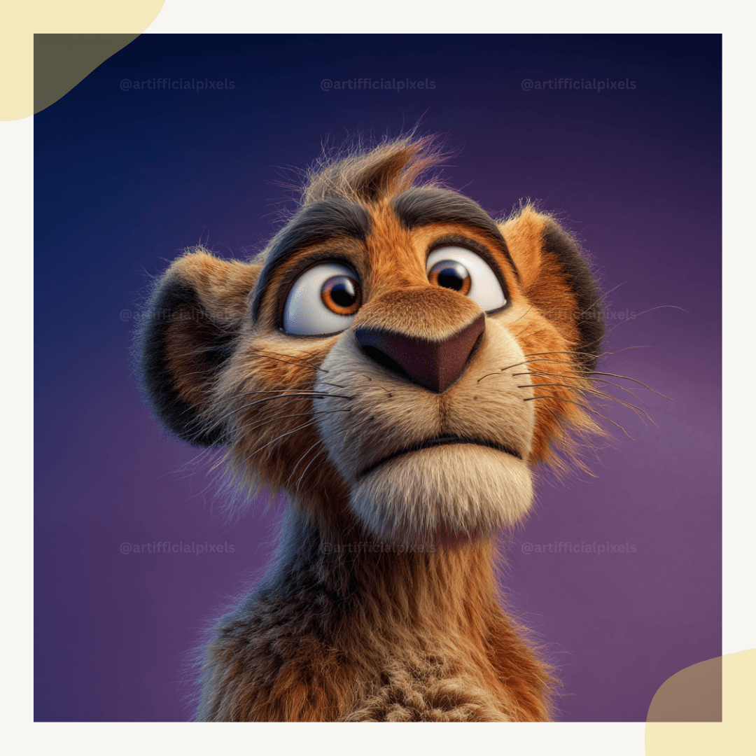 Pixar style 3D lion portrait close-up with oversized eyes and animated purple-blue lighting.