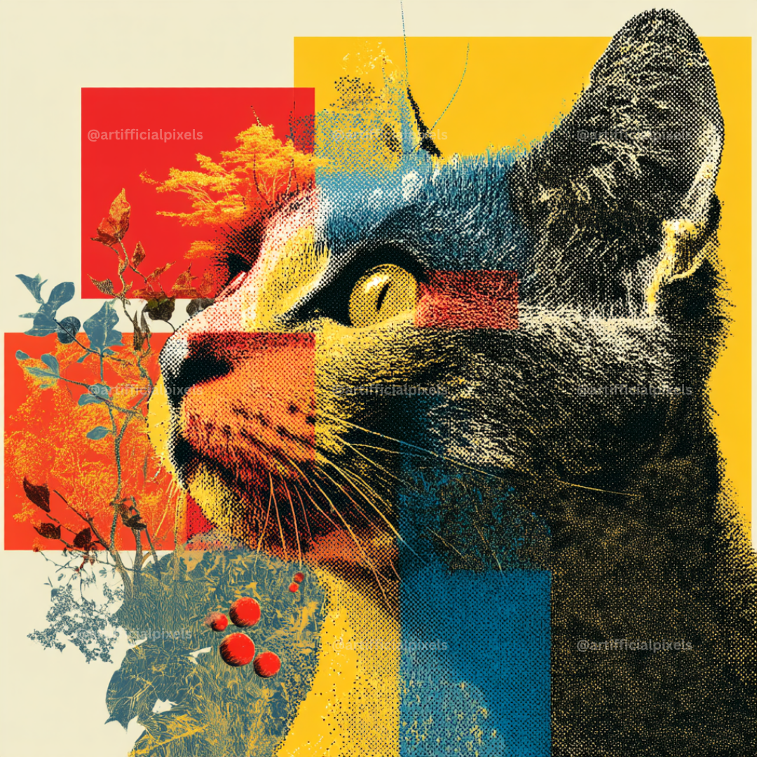 Vintage Abstract Pop Art Collage Portraits Cat