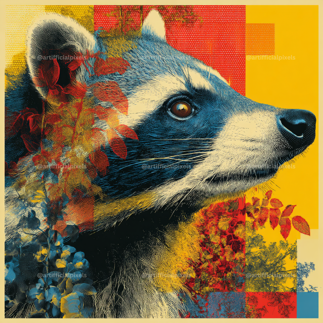 Vintage Abstract Pop Art Collage Portraits Raccoon