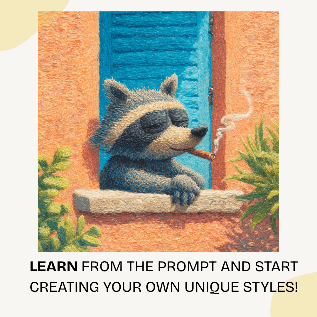 Illustration of a raccoon smoking a cigarette by a window with text encouraging creativity.