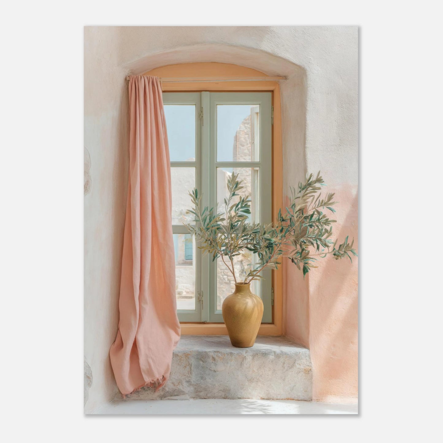 Mediterranean window with olive branch poster A1 size, modern pastel wall decor