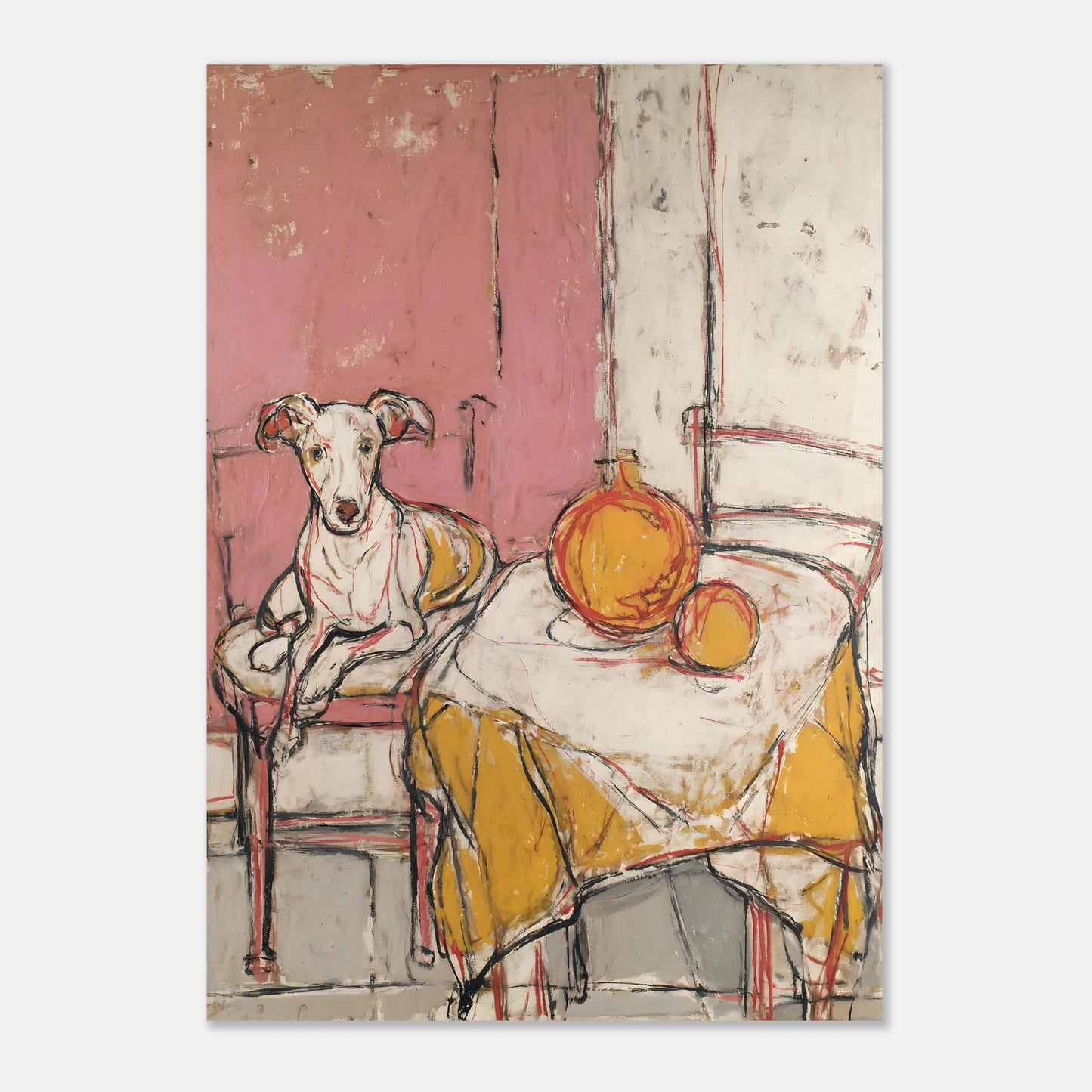 Whippet dog art print in A1 size, extra-large wall art showcasing fine brush texture and warm hues.