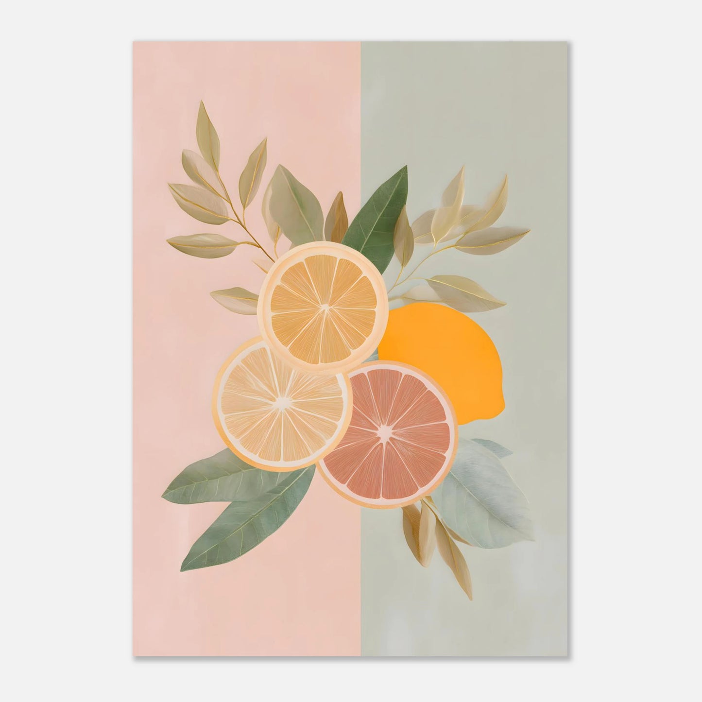 Mediterranean pastel lemon illustration A3 poster, citrus artwork in pink and sage tones showing print size layout for kitchen or hallway