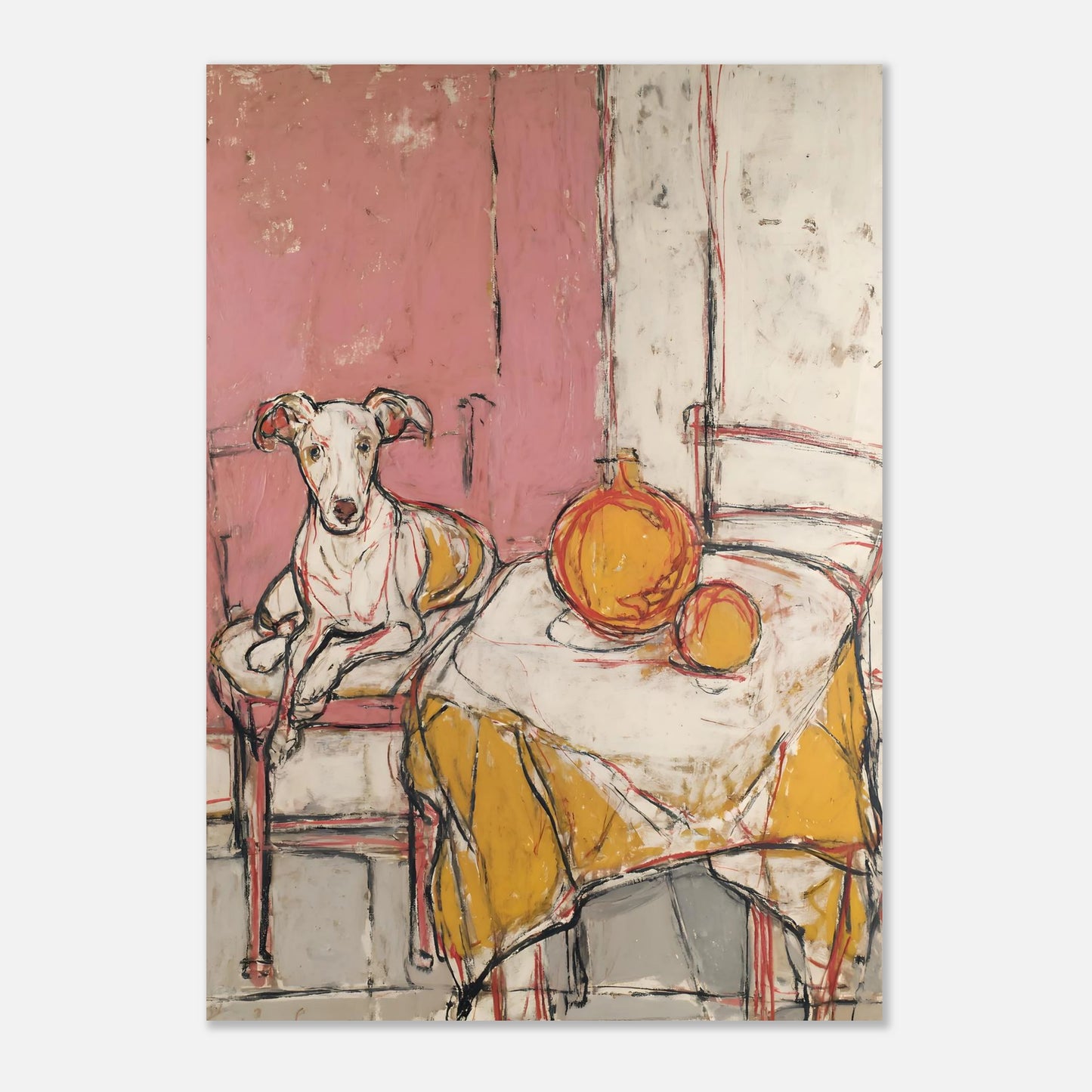 Whippet dog art print in A3 size, medium format showing full composition and warm colour palette.
