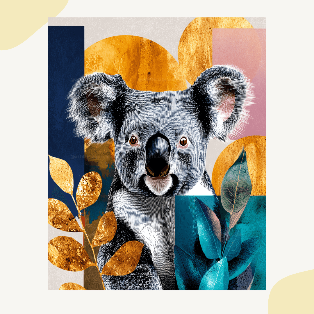 Abstract pop art koala portrait with geometric elements created using Midjourney prompt perfect for wall art and home decor