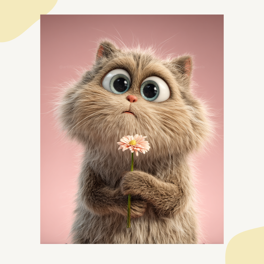 Sweet cat character in Pixar animation style with expressive eyes perfect for wall art and nursery decor