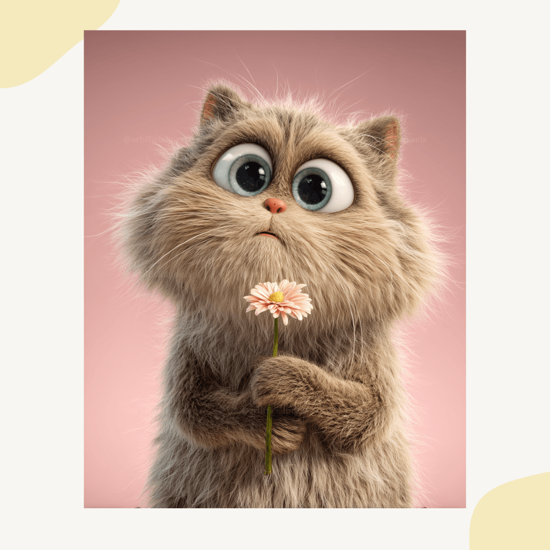 Sweet cat character in Pixar animation style with expressive eyes perfect for wall art and nursery decor