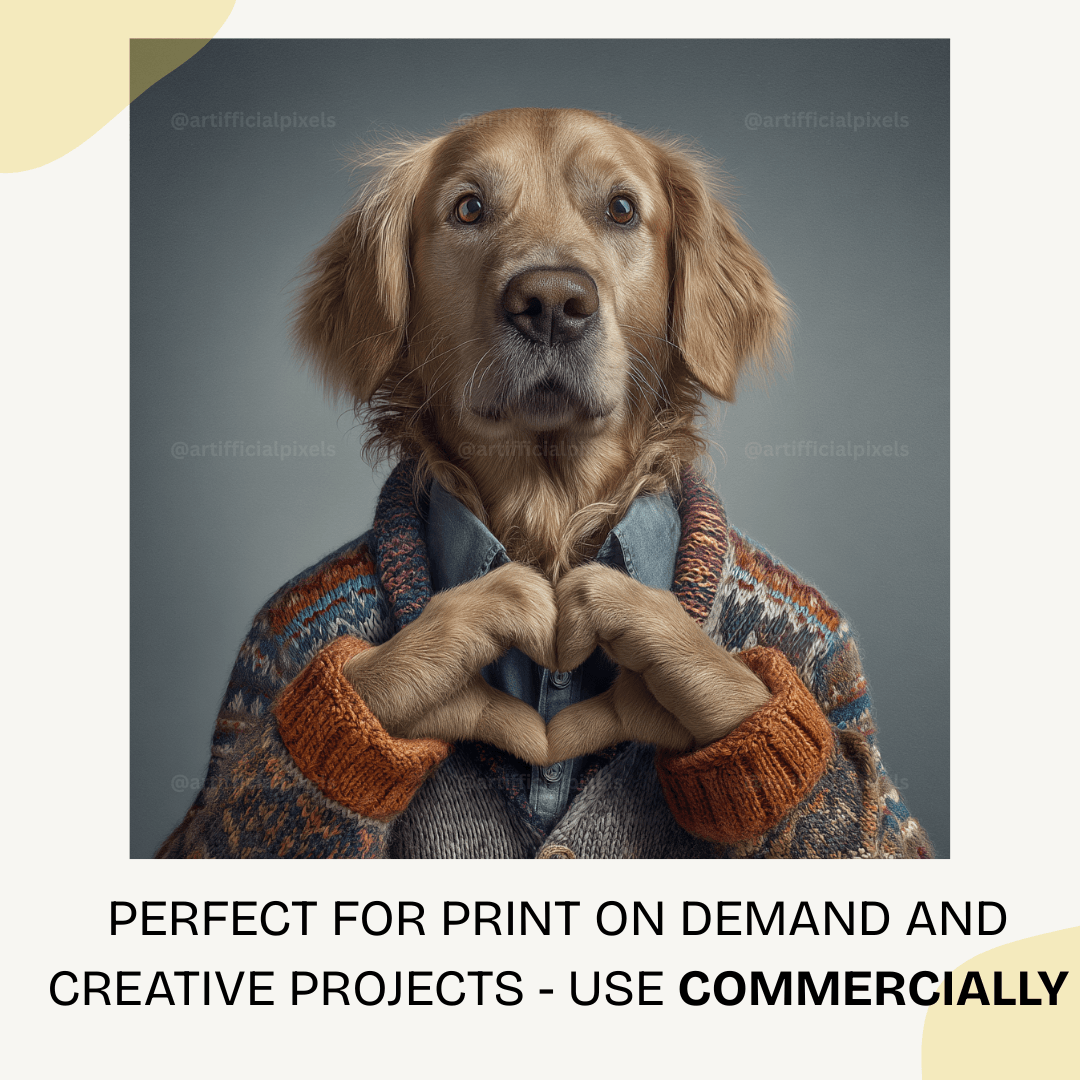 Adorable dog wearing knitted sweater making heart with paws, ideal for print-on-demand products