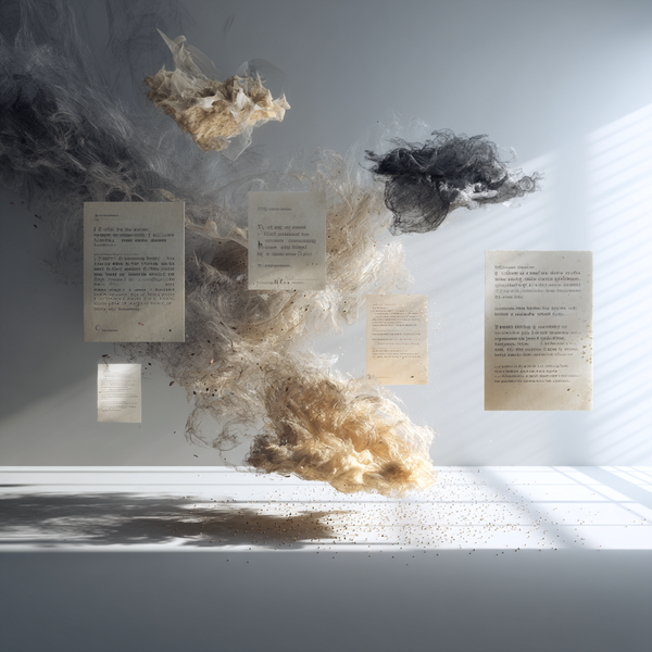 Abstract generative artwork showing floating handwritten pages and textured clouds of ink and light, symbolising the creative process behind AI art prompts and digital imagination.