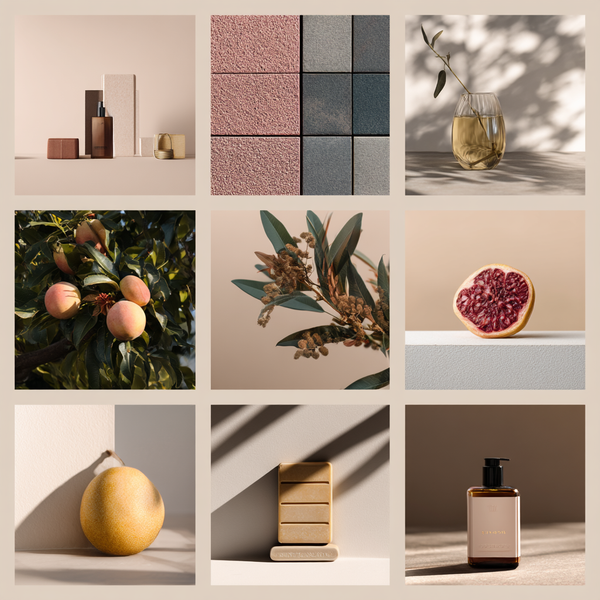 A realistic collage of high-resolution digital art bundle images, featuring minimalist compositions of fruits, tiles, natural textures, and product scenes in warm neutral tones. Designed to represent professional, print-ready artwork collections for creators and designers.