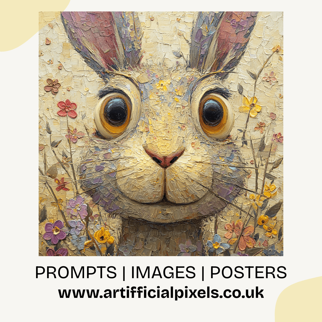 Artistic depiction of a rabbit's face surrounded by flowers with promotional text for art prints.