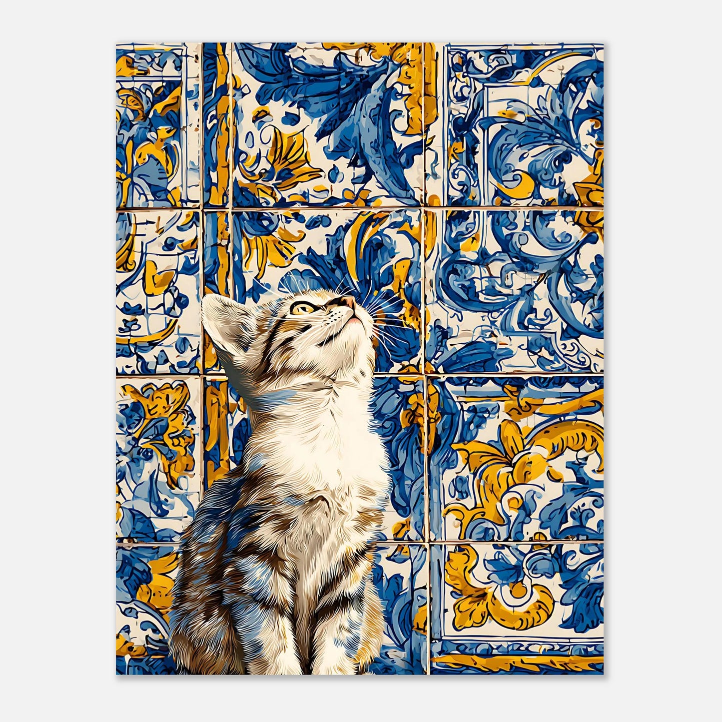 Azulejo cat tile poster 11x14 size, kitten wall art print with Mediterranean blue and yellow tile design