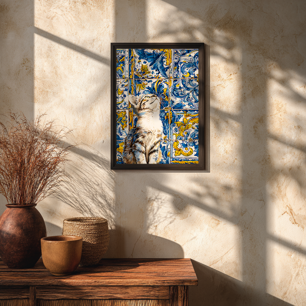 Azulejo cat tile poster hung in glass frame on wall, kitten illustration with decorative blue and yellow tile artwork