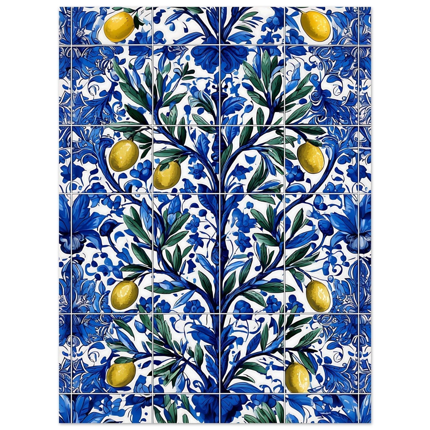 Azulejo floral pattern olive branch wall decor in cobalt blue and yellow