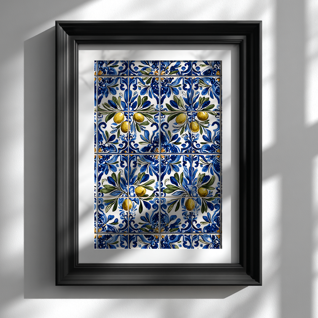 Hand-painted azulejo olive branch poster with blue floral design in black frame