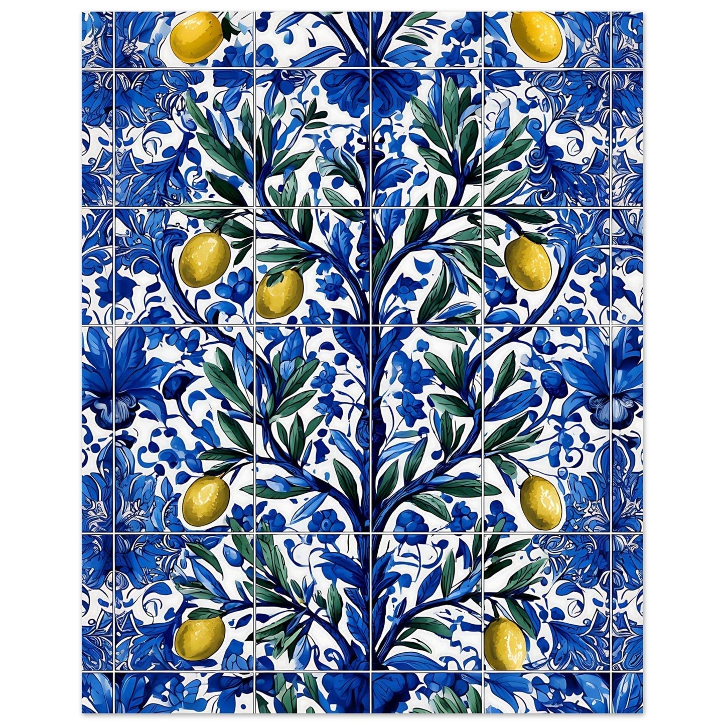 Azulejo olive branch poster with cobalt blue florals and yellow citrus accents