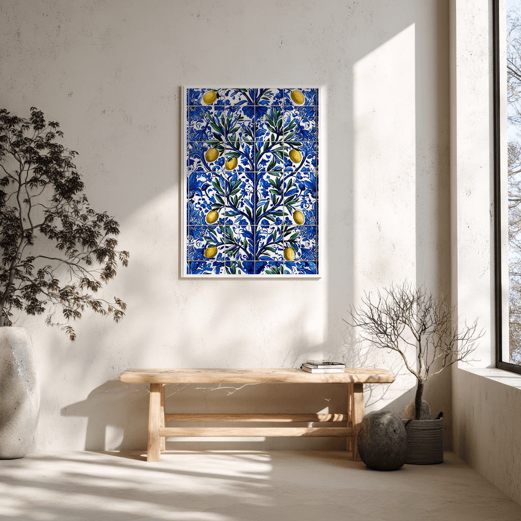 Hand-painted azulejo olive branch poster displayed on Scandinavian wooden bench in modern living room