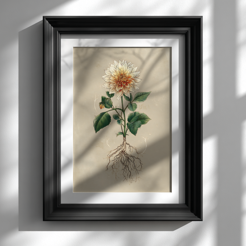 Framed botanical illustration of a dahlia with roots on a neutral background